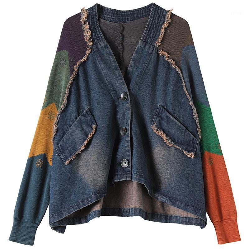 

Women's Jackets Splicing Cowboy Coat Women Baggy Spring Autumn Contrast Water Wash Distressed Hip Hop Boyfriend V-neck Kimono Style Demin Ja