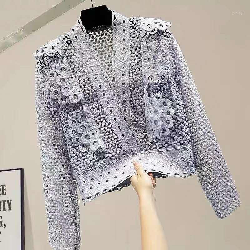 

Women' Blouses & Shirts Blouse Runway Fashion Lace Designer Arrival Spring Summer V-Neck Ruffles Flower Embroidery Hollow Out Elegant Blous, Sky blue