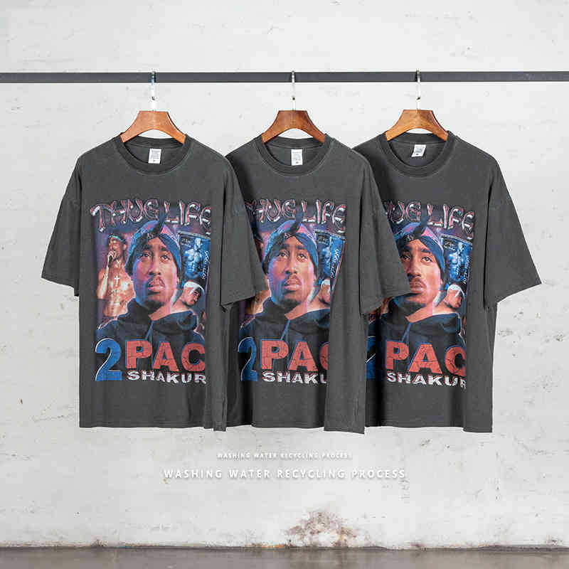 

Men' T-Shirts Spring and summer wash used 2pac portrait print short sleeve oversize loose high street hip hop T-shirt I0GD, 2# box