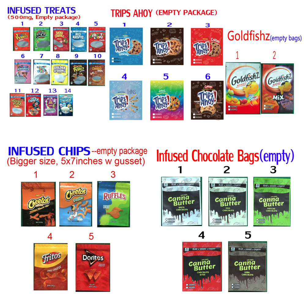 

INFUSED COOKIES CHIPS CEREAL TREATS CHOCOLATE brownie MYLAR BAGS RUNTZ chesters fries BUTTER TRIPS AHOY goldfish baked snack crackers EDIBLES PACKAGING