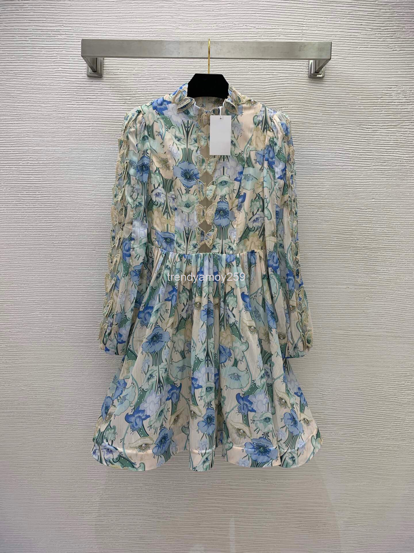 

Casual Dresses Australian women' temperament fairy skirt flower print stand collar butterfly decoration waist closing thin fluffy big swing dress, 2# packaging bag