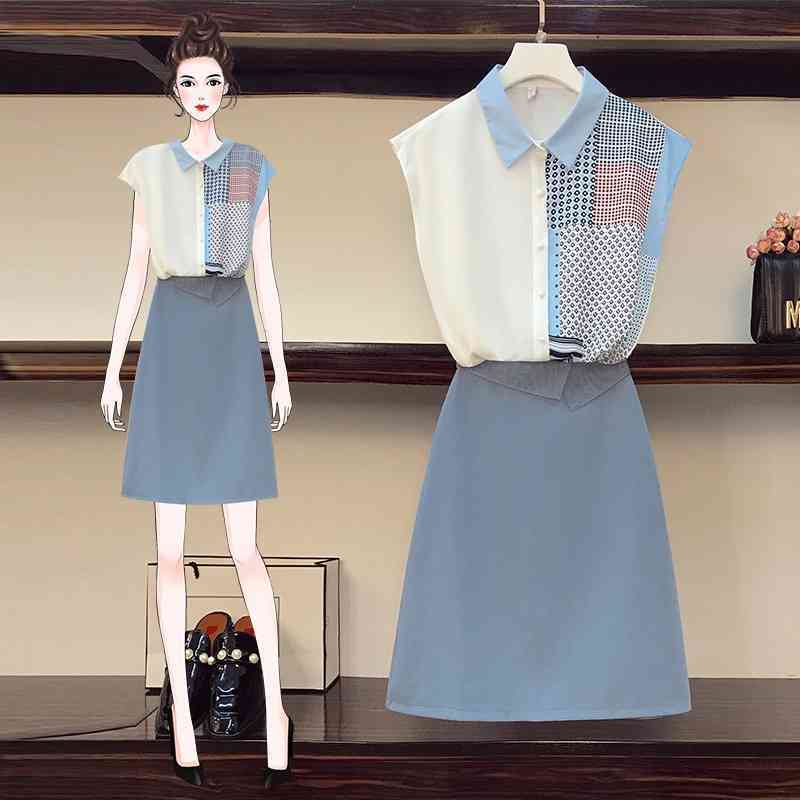 

Summer Women Two Piece Set Fashion Hit Color Print Turn Down Collar Shirt Tops High Waist ALine Mini Skirts Suit 210526, Photo color