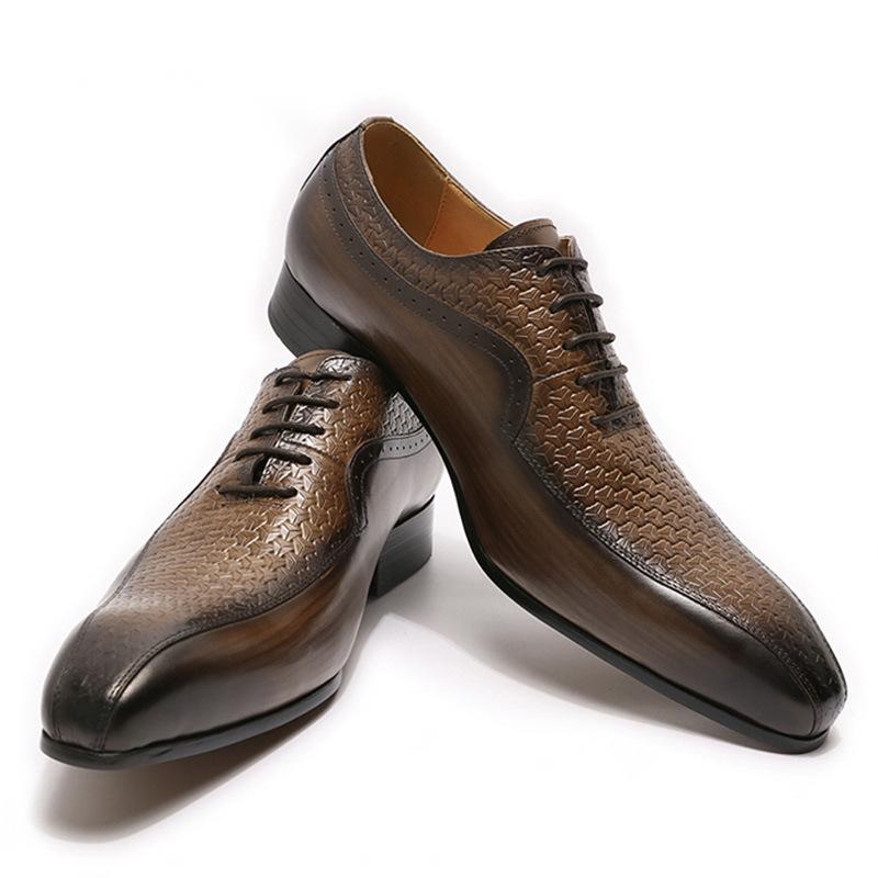 

Men Carved Business Casual Oxford Shoes Classic Fashion Embossed Pointed Toe Lace-Up Flat Top Layer Leather Office Dress Shoes KB280, Clear