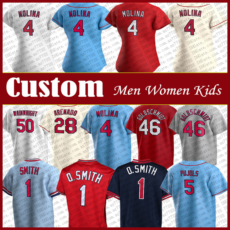 

4 Yadier Molina Nolan Arenado Custom Baseball Jersey Cardinal Ozzie Smith Paul Goldschmidt Adam Wainwright Albert Pujols Miles Mikolas Stan Musial Austin Romine, Shown