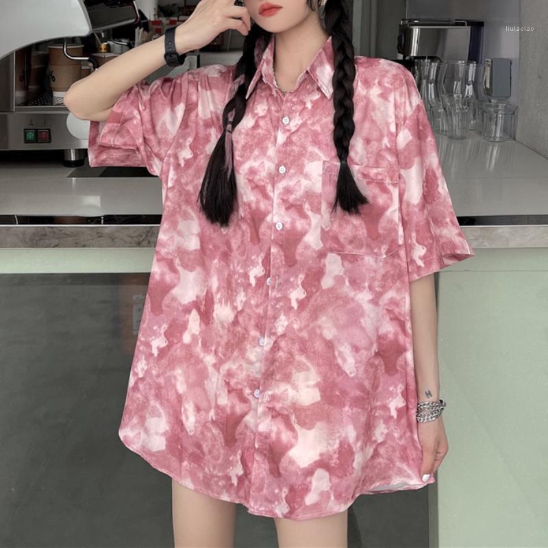 

Women's Blouses & Shirts JMPRS Tie Dye Streetwear Women Shirt Summer Short Sleeve Loose Oversized Girls Long Pink Pocket Ladies Print