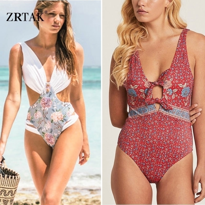 

Zrtak Swimsuit Sexy Backless Swimwear Female Deep Vneck Flower Bikini White Print Bandage Bathing Suit women Monokini Y200319, 1904002