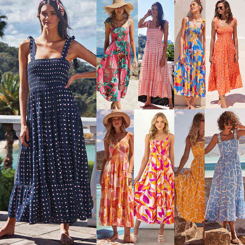 

Summer Seaside Holiday Dress Temperament Square Collar Slim Mid-length Ruffled Large Swing Print Suspender Dress Maternity dress G220418