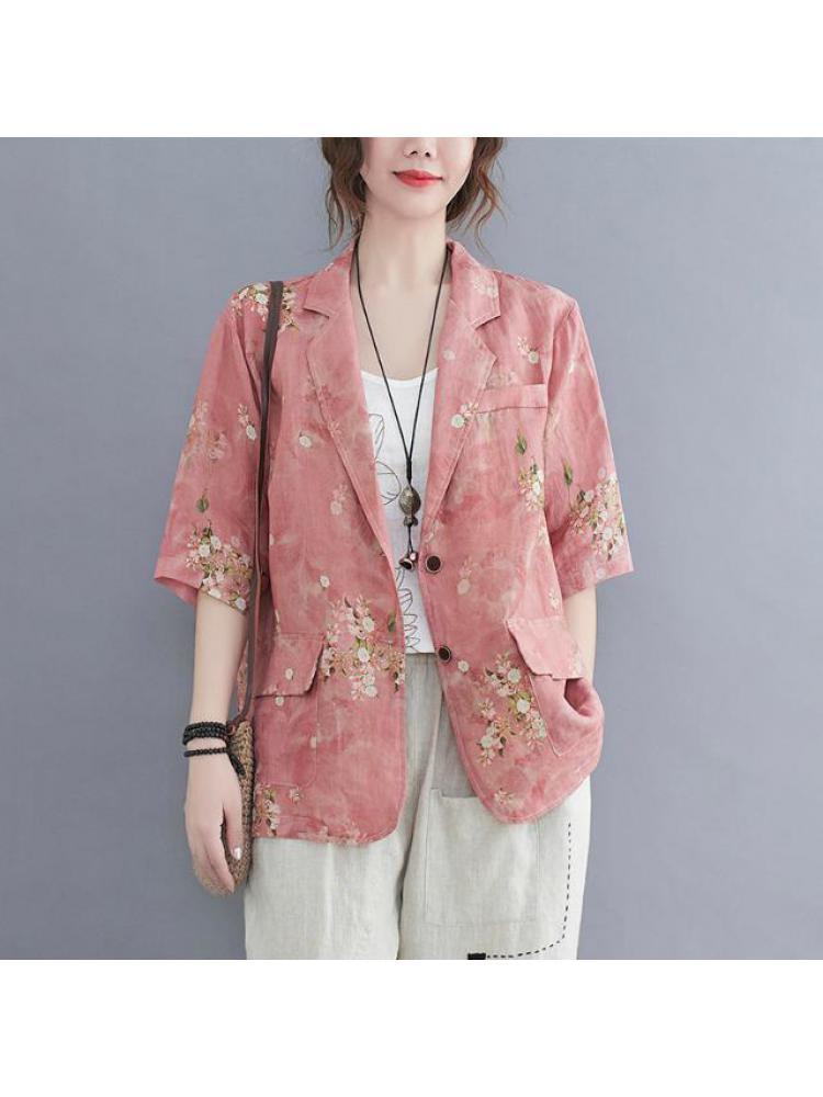 

Women's Suits & Blazers Summer Women Cotton Linen Floral Print Blazer Femme Casual Pockets Loose Single Breasted Suit Coat Tops M96Women's, Mixed color