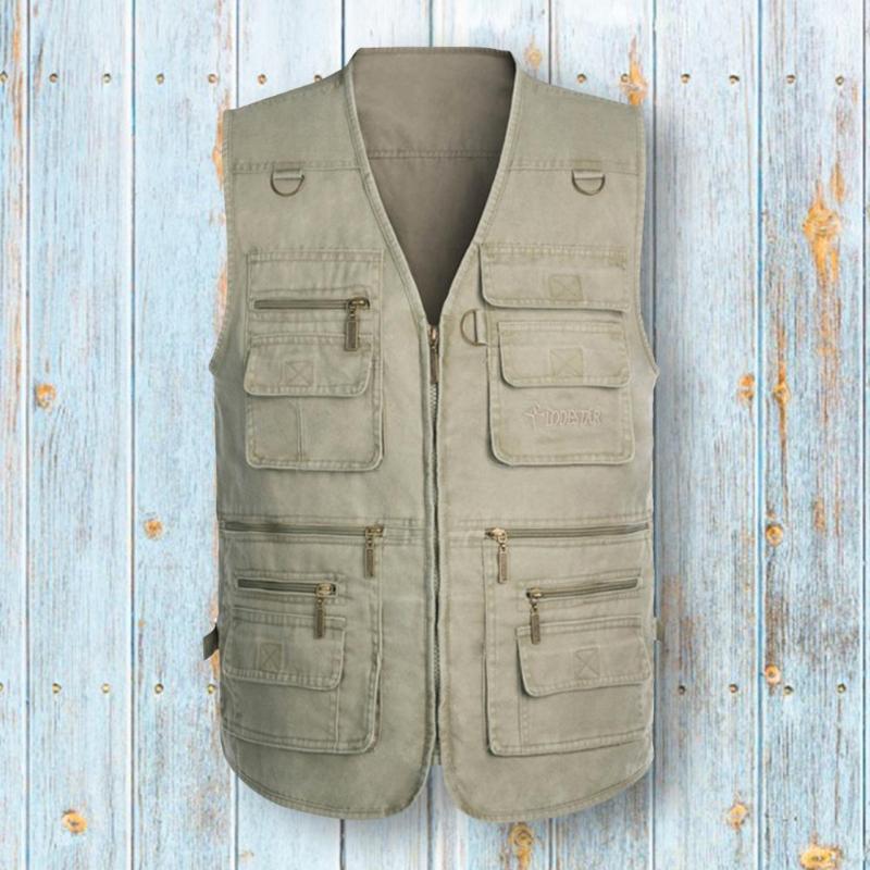 

Men's Vests Pockets Male Casual Summer Big Size Men Waistcoat Solid Color V Neck Sleeveless Multi Outdoor Vest Fishing CoatMen's, Khaki