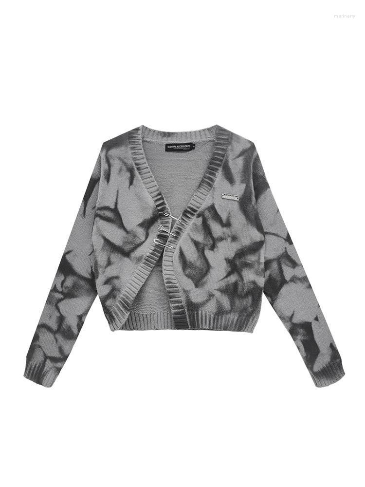 

Women' Knits & Tees Sweater Embroidery Harajuku Knitted Pin Cropped Cardigan Women Autumn Long Sleeve Turn V Collar TopsWomen' Mari22, Gray