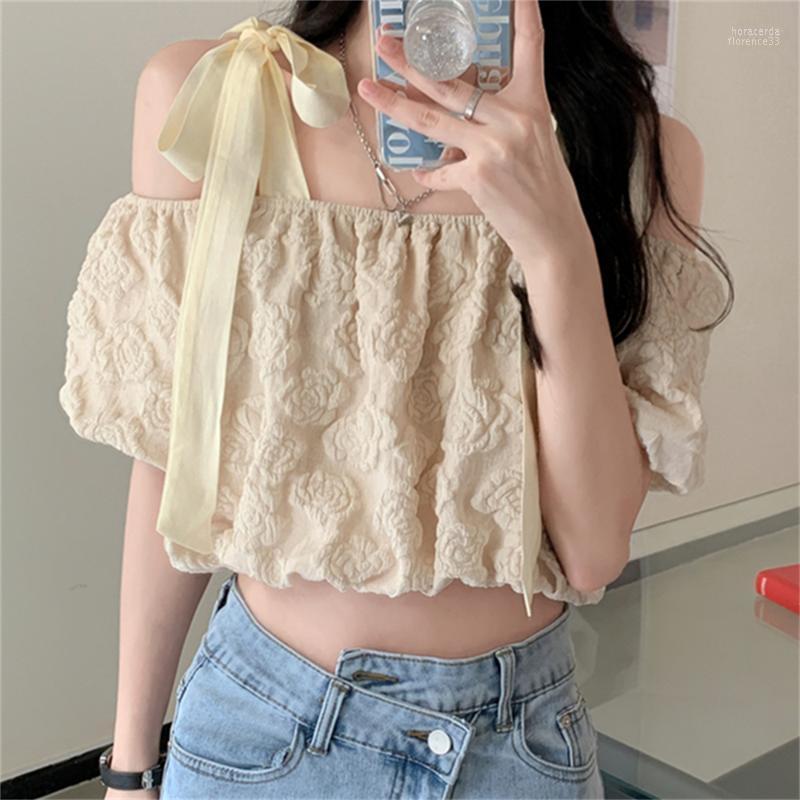 

Women's Blouses & Shirts HziriP Apricot Sweet Summer Off Shoulders Florals Chic 2022 High Street Fashion Casual Loose Slim Gentle Lady OL Ho