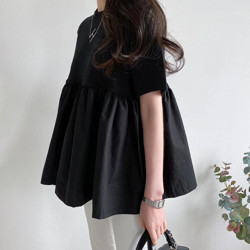 

Women's Blouses & Shirts Casual Women Black Short Sleeeve Shirt Female Fashion Blouse Solid Loose Japanese Kroea Basic Tops 2022 Chic