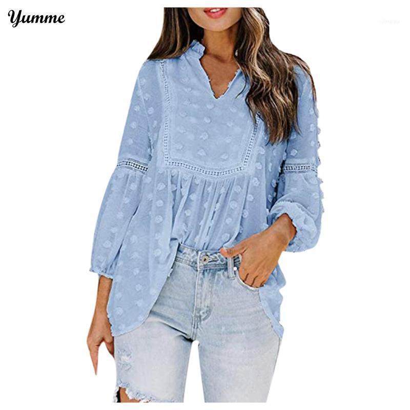 

Women' Blouses & Shirts Fashion Elegant Chiffon Long Sleeve V-Neck Women Shirt Office Blouse Loose Casual Ruffle Female Polka Dot Tops #LR4, Blue