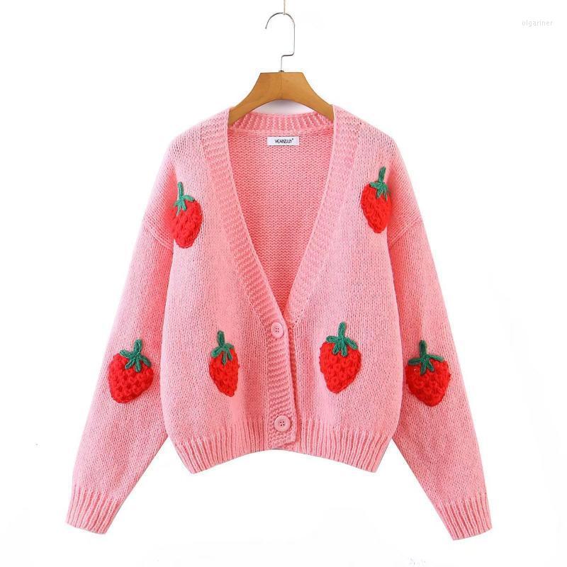 

Women's Knits & Tees Autumn Women Y2K Casual JacketSweet Strawberry Embroidery Loose Sweater Yong V Neck Female Knit Cardigan PinkWomen's Te