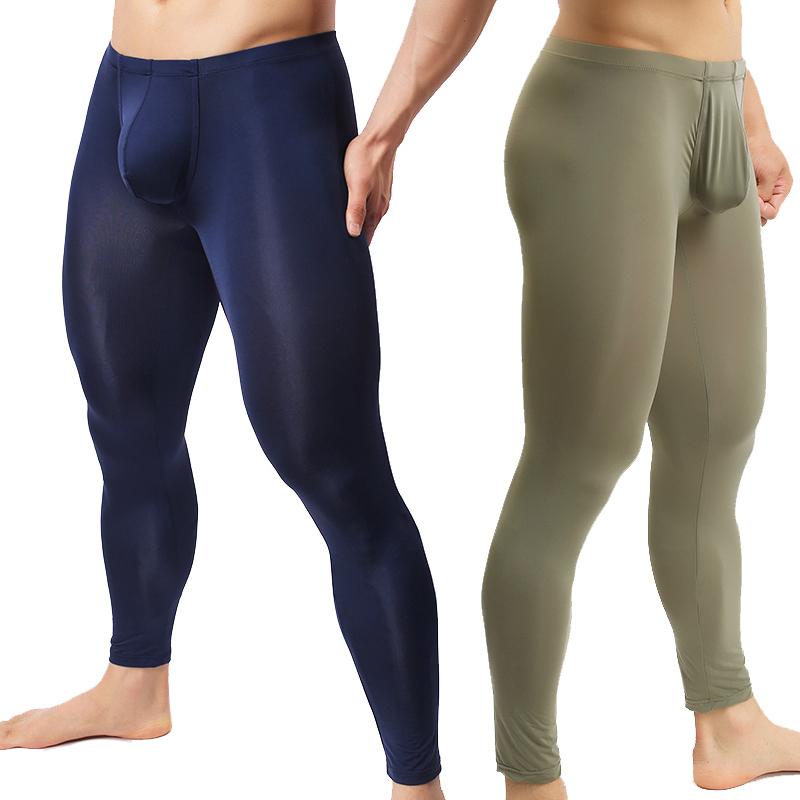 Men's Sleepwear Sexy Long Johns Ice Silk Ultra-thin Penis Pouch Leggings Underwear Men Home Sheer Lounge Pants Gay-image-768610338