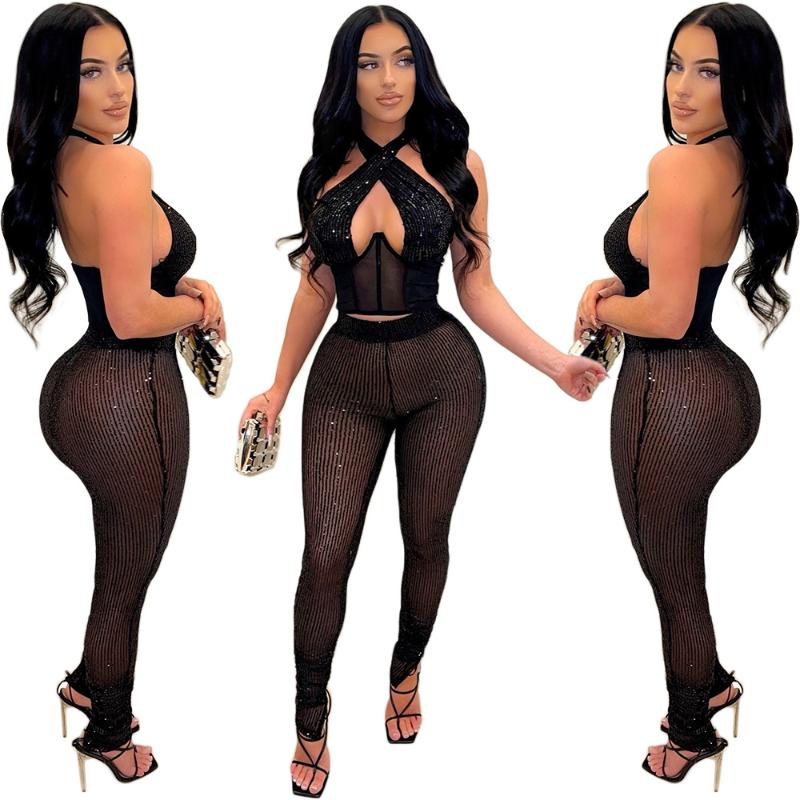 

Women' Two Piece Pants Sexy Nightclub Women' Backless Ties Top Pencil Bead Set Party Club DressWomen, Black