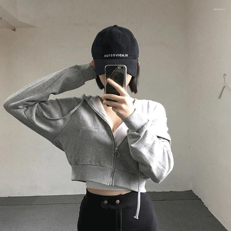 

Women' Hoodies & Sweatshirts Deeptown Grey Crop Zip Up Hoodie Women Korean Fashion Basic Solid White Hooded Female Harajuku Chic Casual Loo
