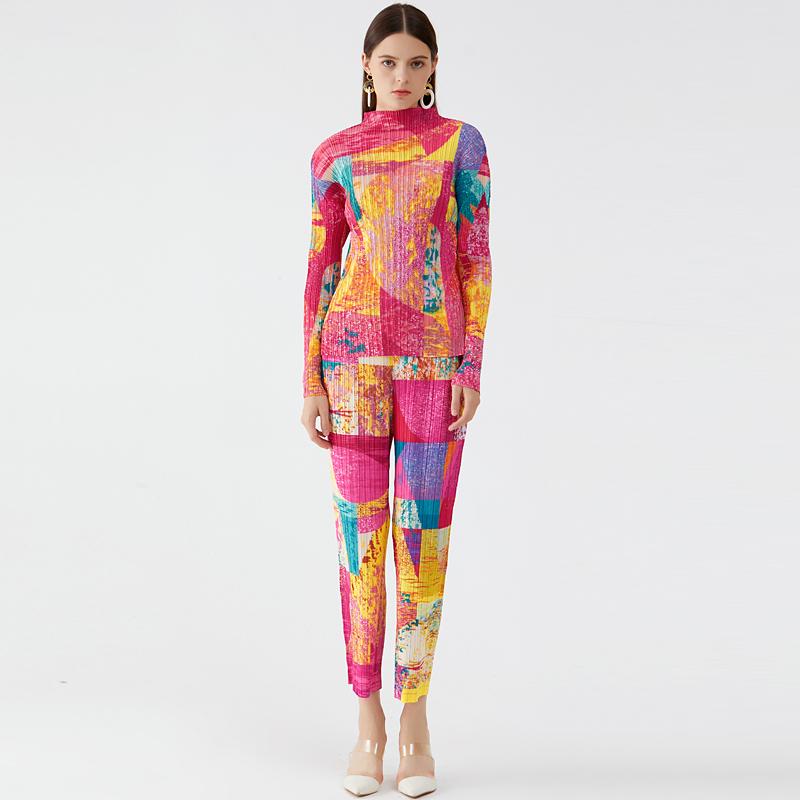 

Women's Two Piece Pants Miyake Pleated Suit High Fashion Senior Long Sleeve Top Straight Women Winter Sets Aesthetic Printed ClothesWomen's, Photo color top