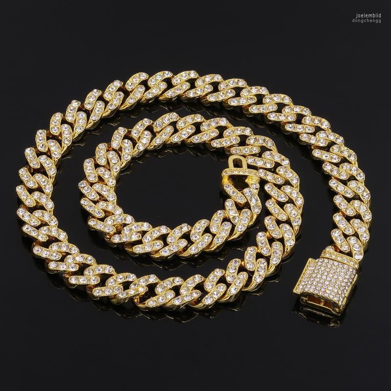 

Chains A Set Hip Hop Miami Curb Cuban Chain Necklace Golden Iced Out Rhinestones CZ Rapper Link Silver Color Men Jewelry