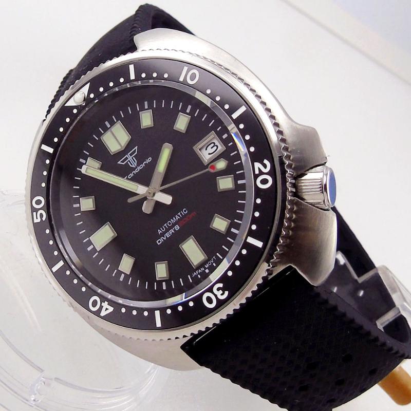 

Wristwatches Tandorio 44mm Black Dial C3 Lume Hands PT5000 NH35 Automatic Men Watch 20ATM Sapphire Glass Ceramic Bezel Rubber/Leather Strap, Logo-rubber band