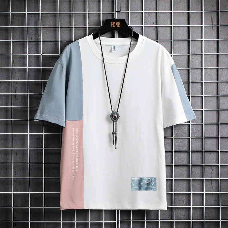 

Korean color block large men's tide brand loose round neck cotton short sleeve summer new boys' T-shirt, White