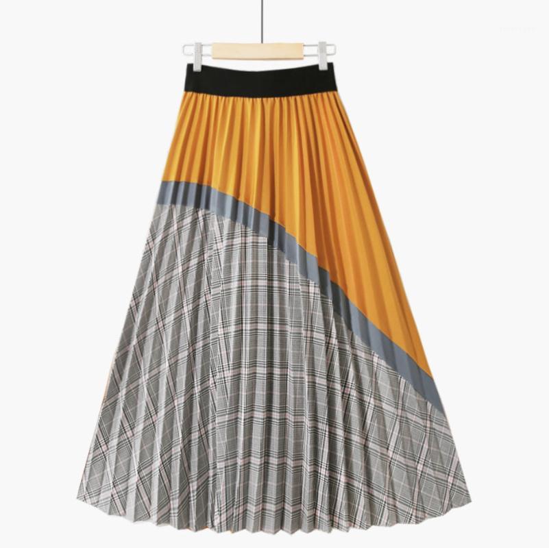 

Plaid Pleated Skirt Women Autumn Spring Empire Mid-calf Color Matching Contrast England Korean Style Elegant Fashion Skirts, Pink