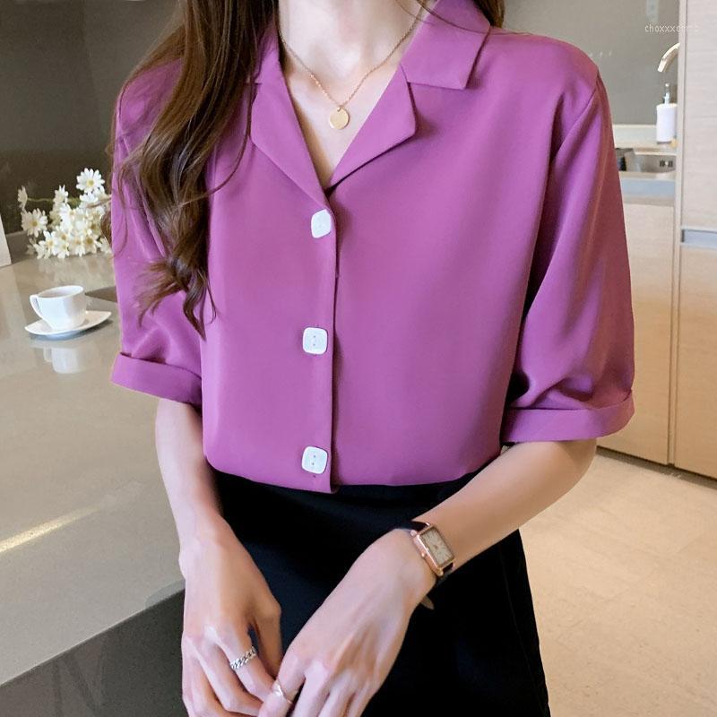 

Women' Blouses Women' & Shirts Womens Tops And 2022 Korean Fashion Clothing Chiffon Short Button Solid Notched Ladies Blusas, White