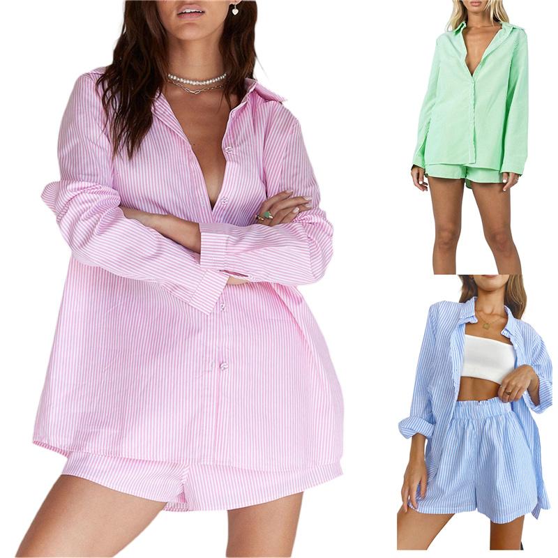 

Women' Tracksuits 2Pcs Women Striped Tracksuit Set Button-down Long Sleeve Lapel Loose Shirt Drawstring Shorts Summer Casual OutfitsWomen, Blue