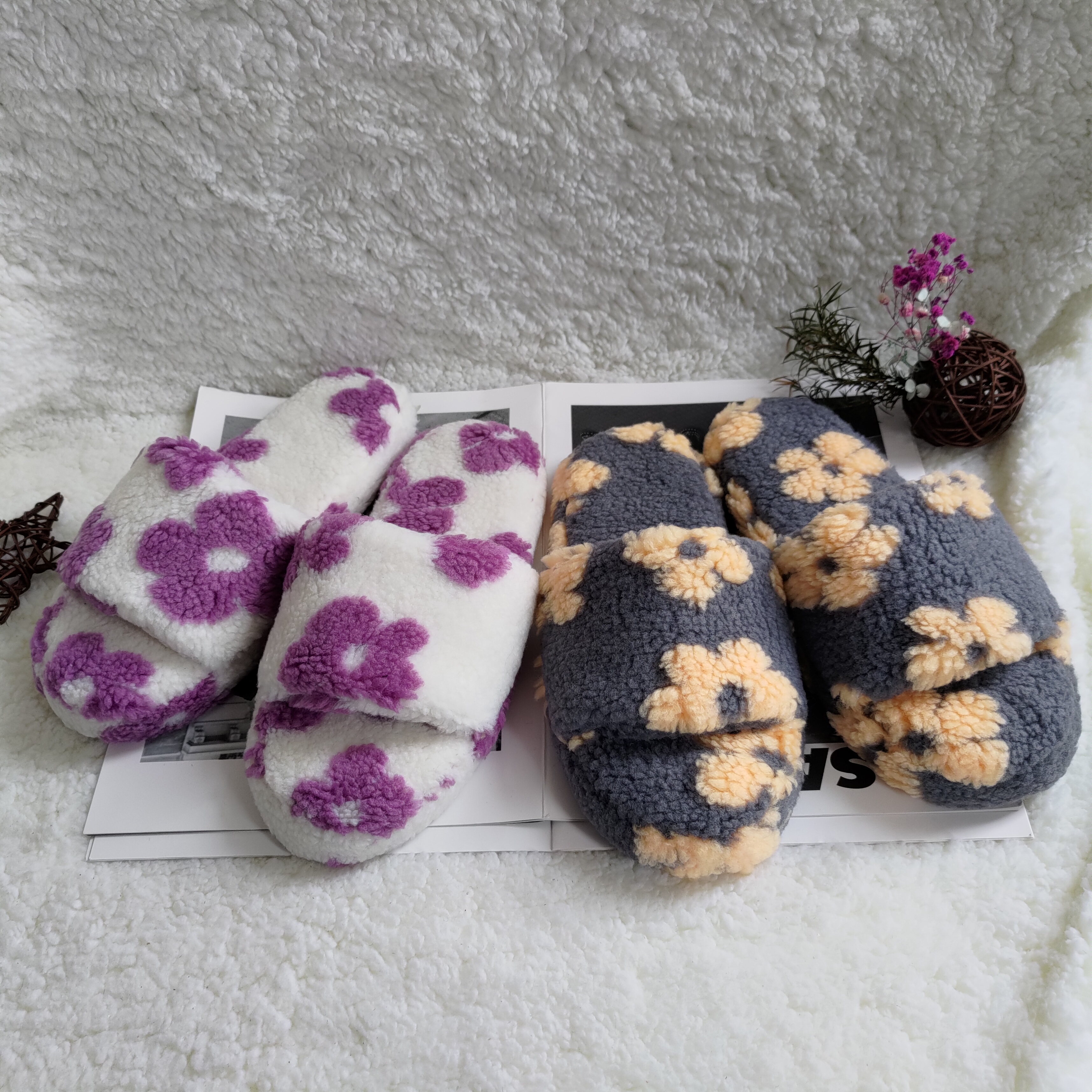 

Autumn and winter printed slippers tpr leaky toe women's cotton slippers, Deep purple