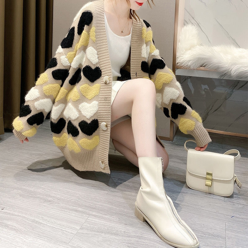 

Long Sweater Jacket 2022 Autumn Winter New Thickened V-neck Love Loose Lazy Style Large Knit Cardigan Solid Single Breasted, Gray