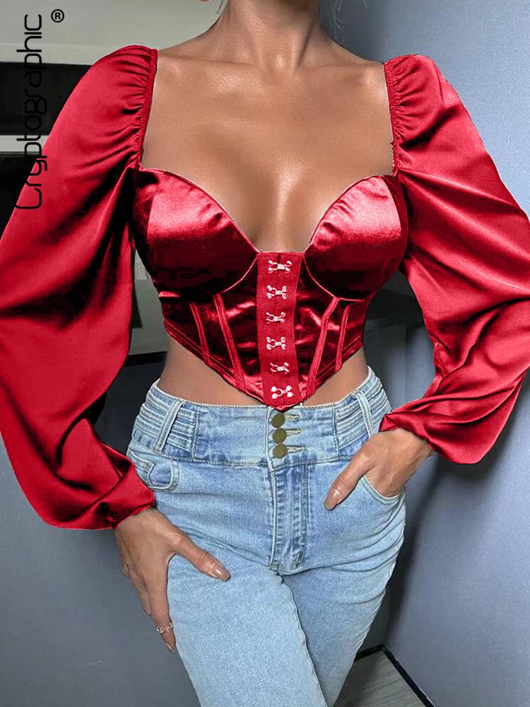 

Satin Elegant Square Collar Womens Tops and Blouses Fashion Breasted Shirts Blouse Cropped Top Elegant Club Party, Green