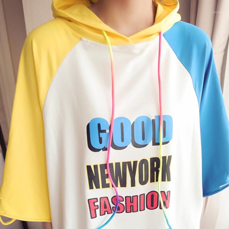 

Hoodies Hooded Patchwork Hole Letter Printed Women Trendy Chic Half Sleeve Summer Womens Pullover Korean Style Loose Casual Thin Women, White