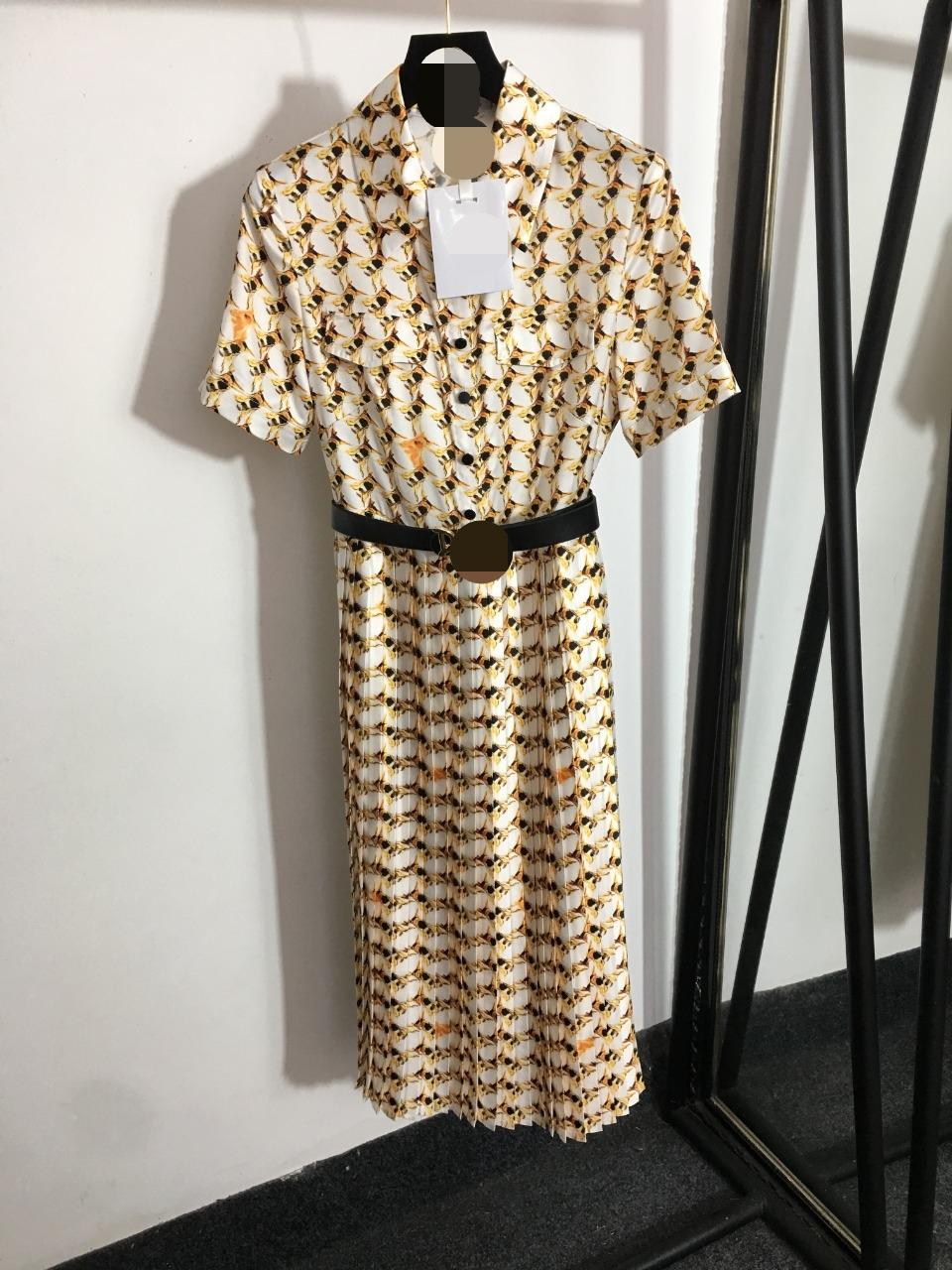 

409 2022 Runway Dress Spring Summer Dress Brand Same Style Empire Short Sleeve Striped Polyester Lapel Neck Womens Dress Fashion High Quality meiyi, Customize