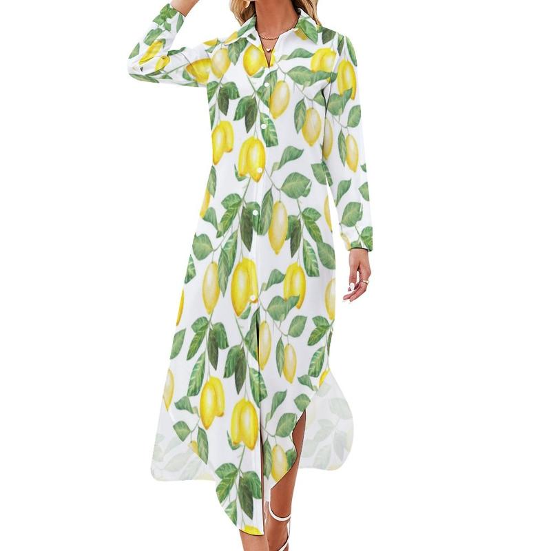 

Casual Dresses Summer Fruit Dress Modern Lemon Leaf Print Street Fashion Long Sleeve Elegant Chiffon Women V Neck Clothing, Style-9