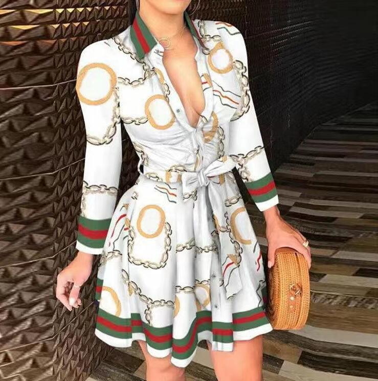 

Women Sexy Fashion Chain Strap Print Dress long Sleeve black white red Turn-down Button Slim Shirt Dress GGity Office Lady Clothes for Summer Spring, 02