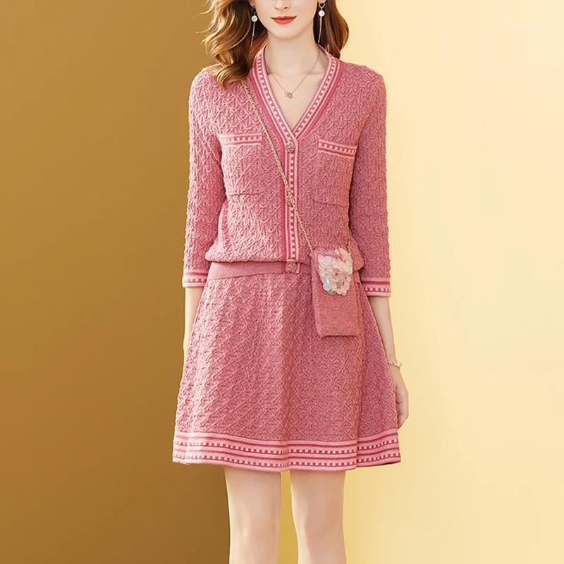 

Arrival High Quality Autumn Knitted Women's Striped V Neck Cardigan Sweater Coat Crop Tops + Waist Mini Skirts Sets, Picture color