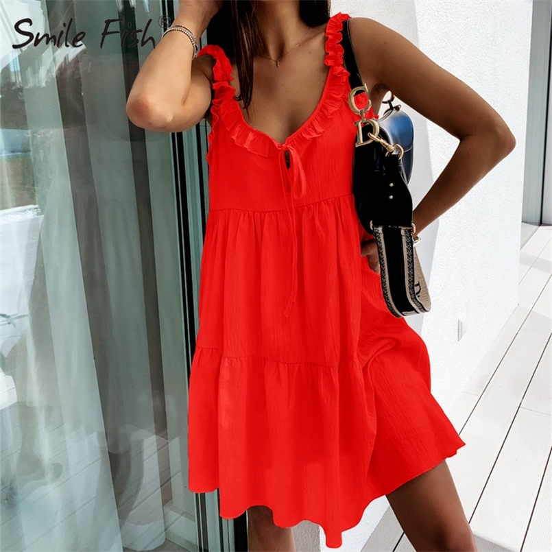

Loose A-Line Dress Strap Solid Bohemian Beach Blue Ruffles Dresses Sexy Female Summer Women Sleeveless G2693 220509, Black