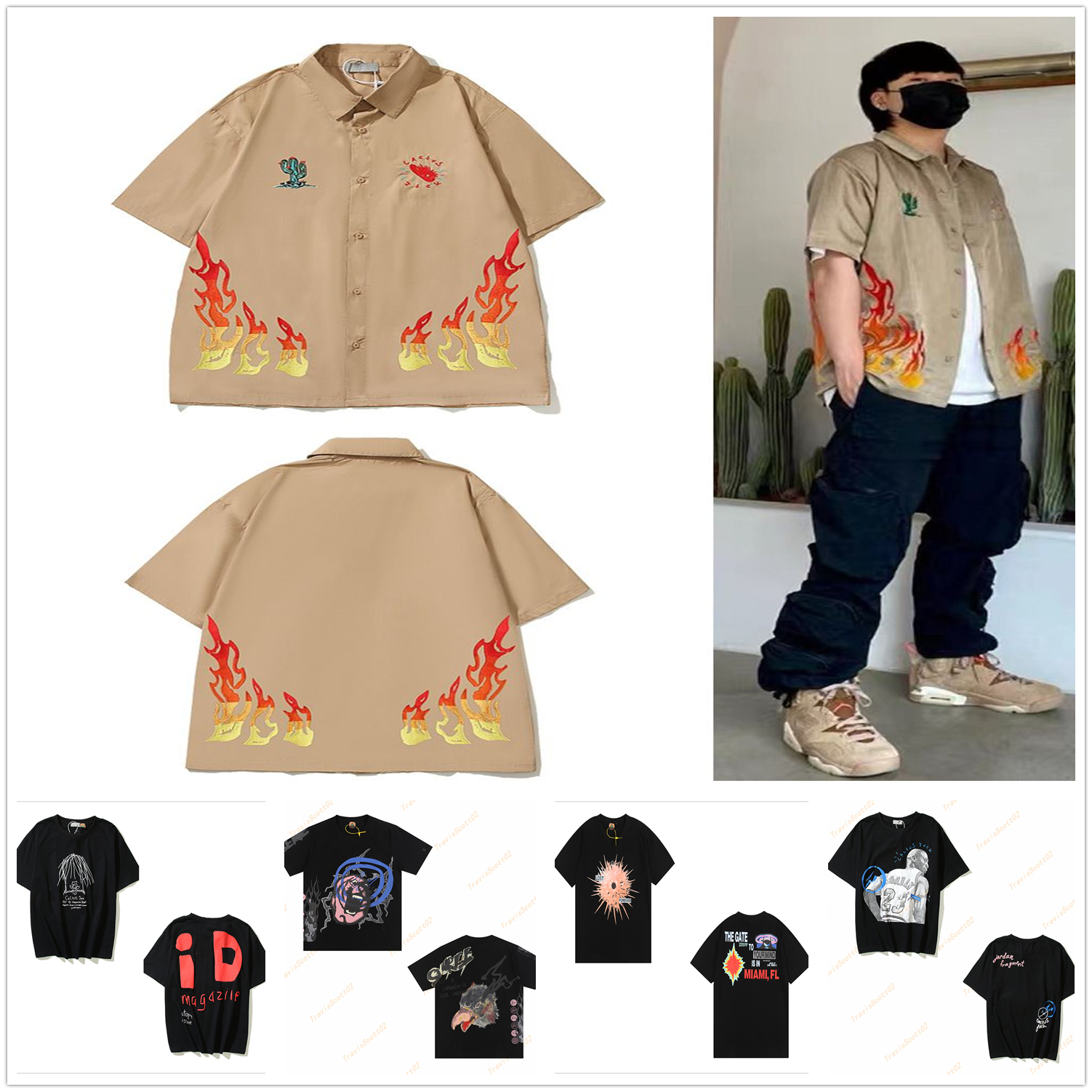 

travis Men t shirt women T shirts Quality pad dyed foam lightning print music festival short sleeve washed high street co-branded tee Oversize E02, Button