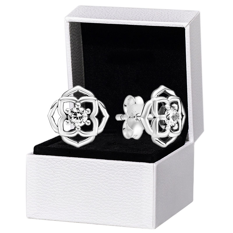 

Real 925 Silver Rose flower Stud Earring Original gift box set for Pandora Women Love Earrings