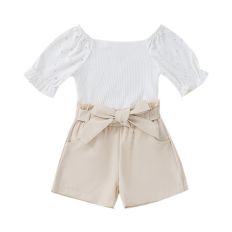 

Clothing Sets Kids Baby Girl Summer 2pcs Outfit Short Sleeve Ribbed Off Shoulder Tops And Belt Shorts Fashion Children SetsClothing, As pic