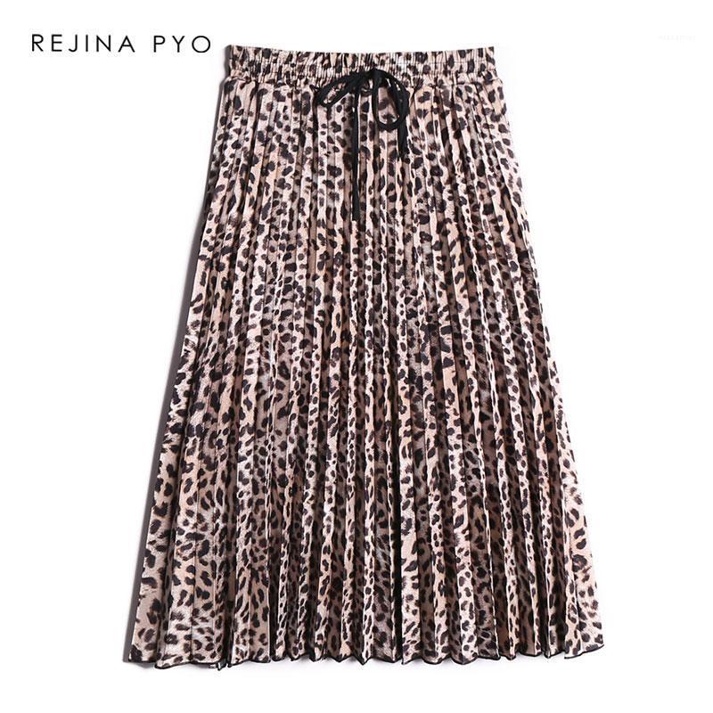 

Skirts REJINAPYO Women Leopard Printed Pleated Skirt Mid-calf Length Female High Waist Elastic Quality Autumn Arrival, As pic
