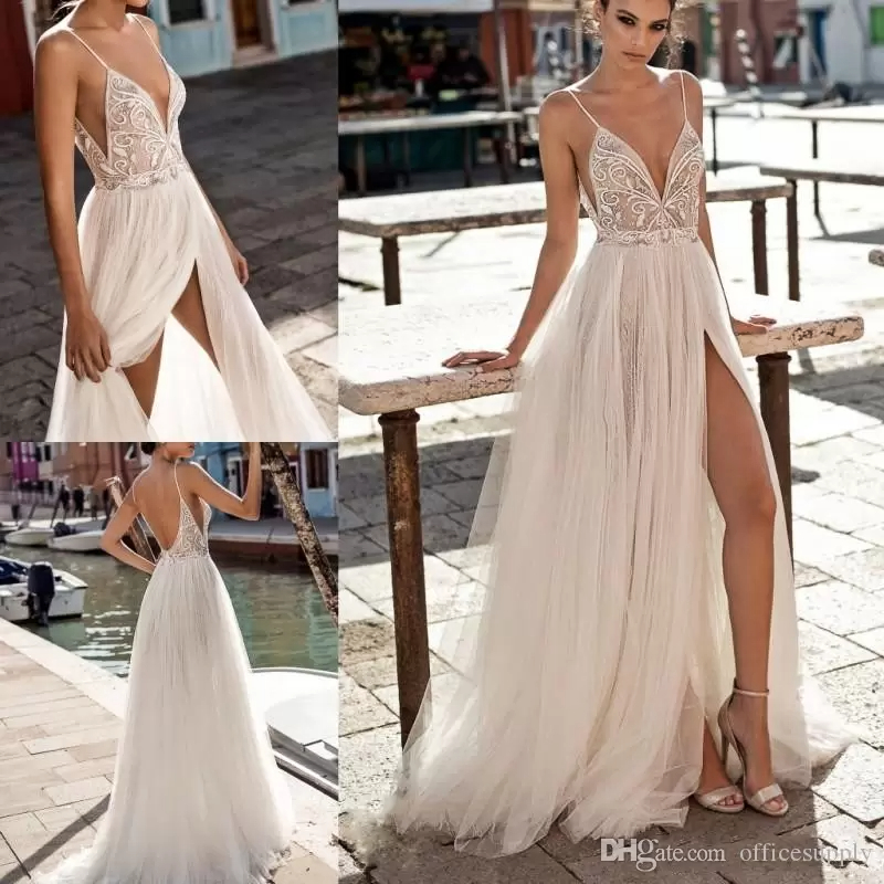 

Beach Wedding Dresses Side Split Spaghetti Sexy Illusion Boho A-Line Wedding Dresses Pearls Backless Bohemian Bridal Gowns 0422, White