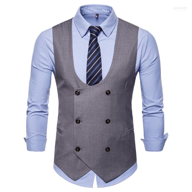 

Men Vest Double Breasted Waistcoat 2022 England Style Sleeveless U-Neck Suit Wedding Slim Cotton Gilet Plus Clothes Guin22, Blue vest