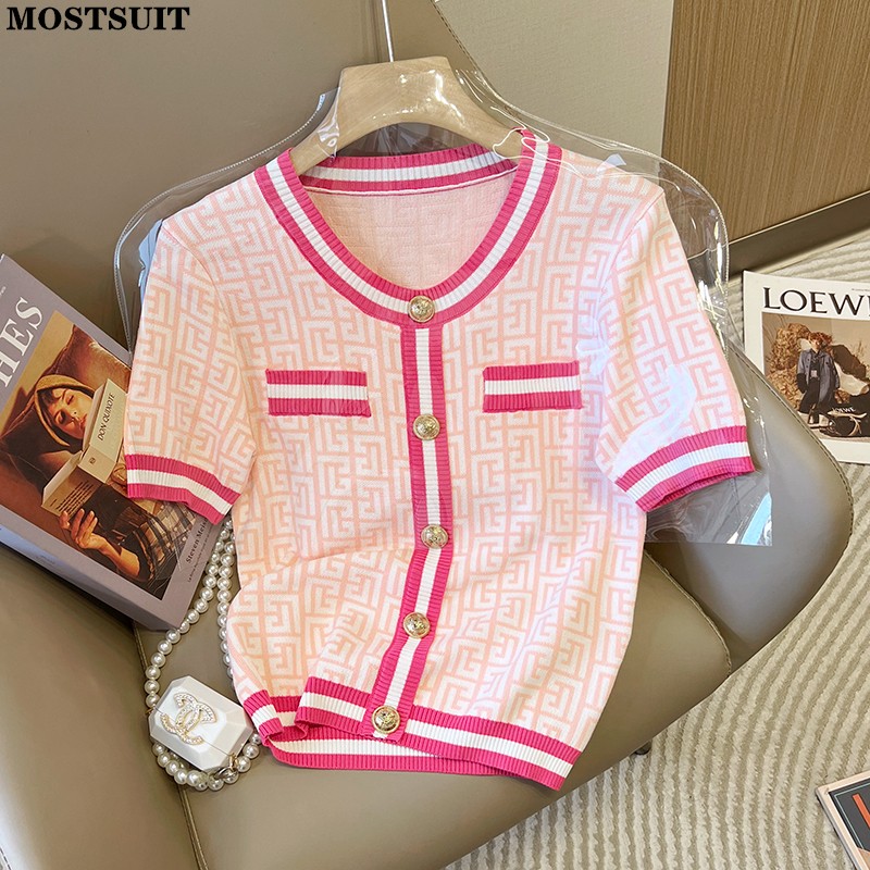 

Summer Letter Knitted Women Sweater Tops 2022 Summer Single-breasted Stylish Fashoin Tops T-shirts Vintage Elegant Ladies Jumper, Black