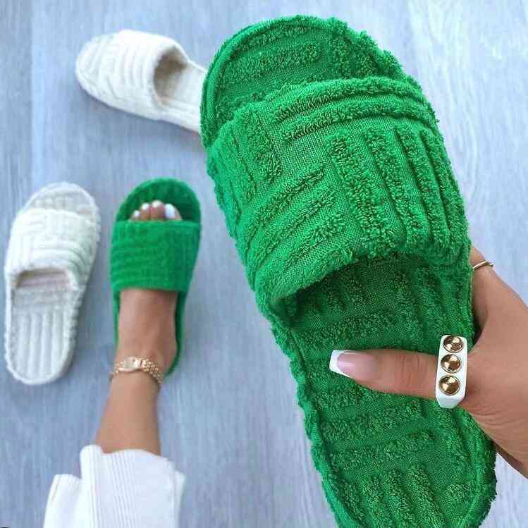 

2021 Women New Luxury One-word Thick-soled Warm Furry Women's Shoes Embossed Cotton Drag Outdoor All-match Casual Slippers, Green