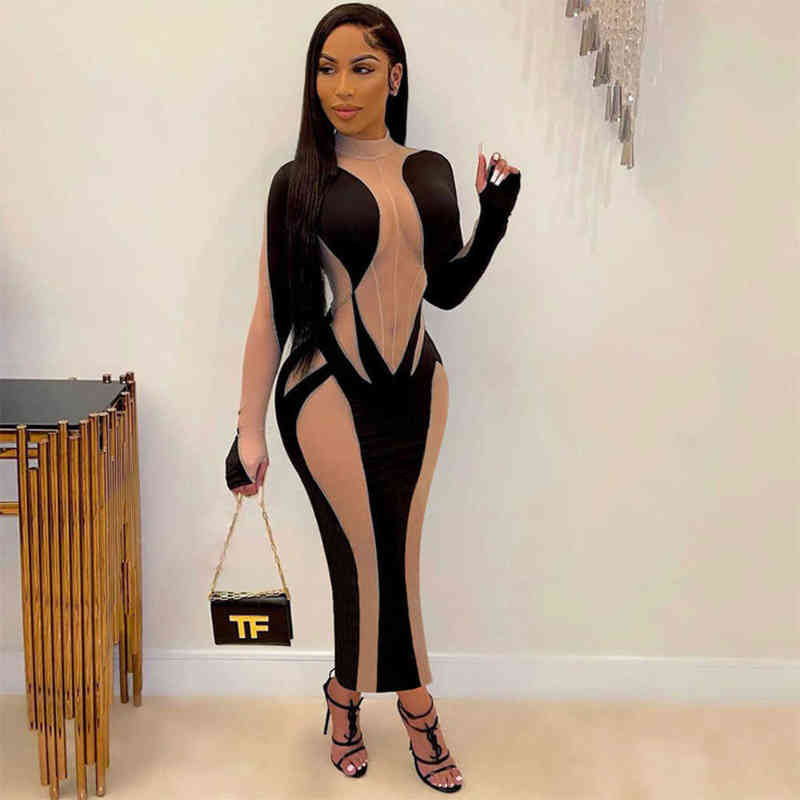 

Zoctuo Dress Party Club Dresses For Women 2022 Robe Long Sleeve Gauze Mesh Patchwork Color 2022 Spring New Clothes Vestido Khaki Y220401