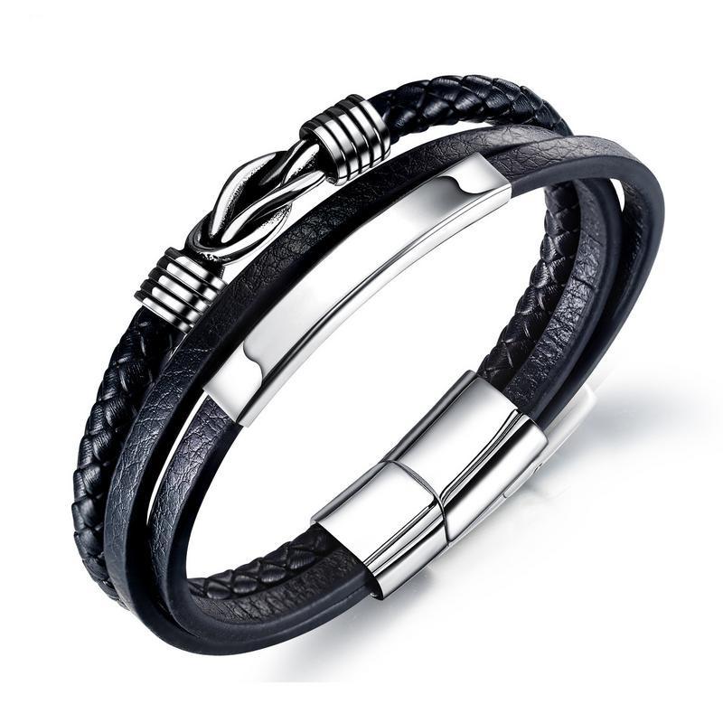 

Beaded Strands Wholesale Jewelry Men's Stainless Steel Leather Bracelet Charm Multi-thread BraceletBeaded