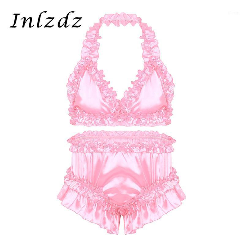 

Mens Sissy Crossdresser Lingerie Suit Satin Frilly Ruffled Set Bra Tops With Knickers Bloomers Briefs Gay Underwear, Pink