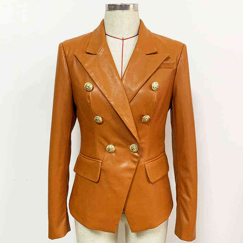 

Brown Pu Leather Jacket Women Faux Leather Metal Buckle DoubleBreasted Slim Office Work Business Women Jackets Blazers 2021 J220813, Orange
