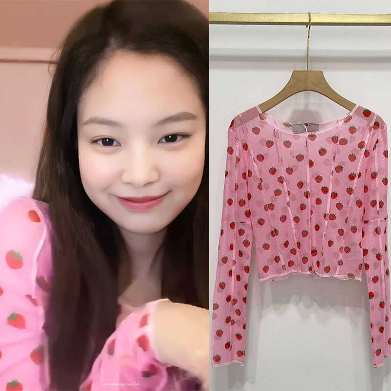 

Women' T-Shirt Jenny jinzhini' same cute strawberry gentle wind semi transparent T-shirt shows thin age reduction long sleeved mesh bottom shirt, Pink